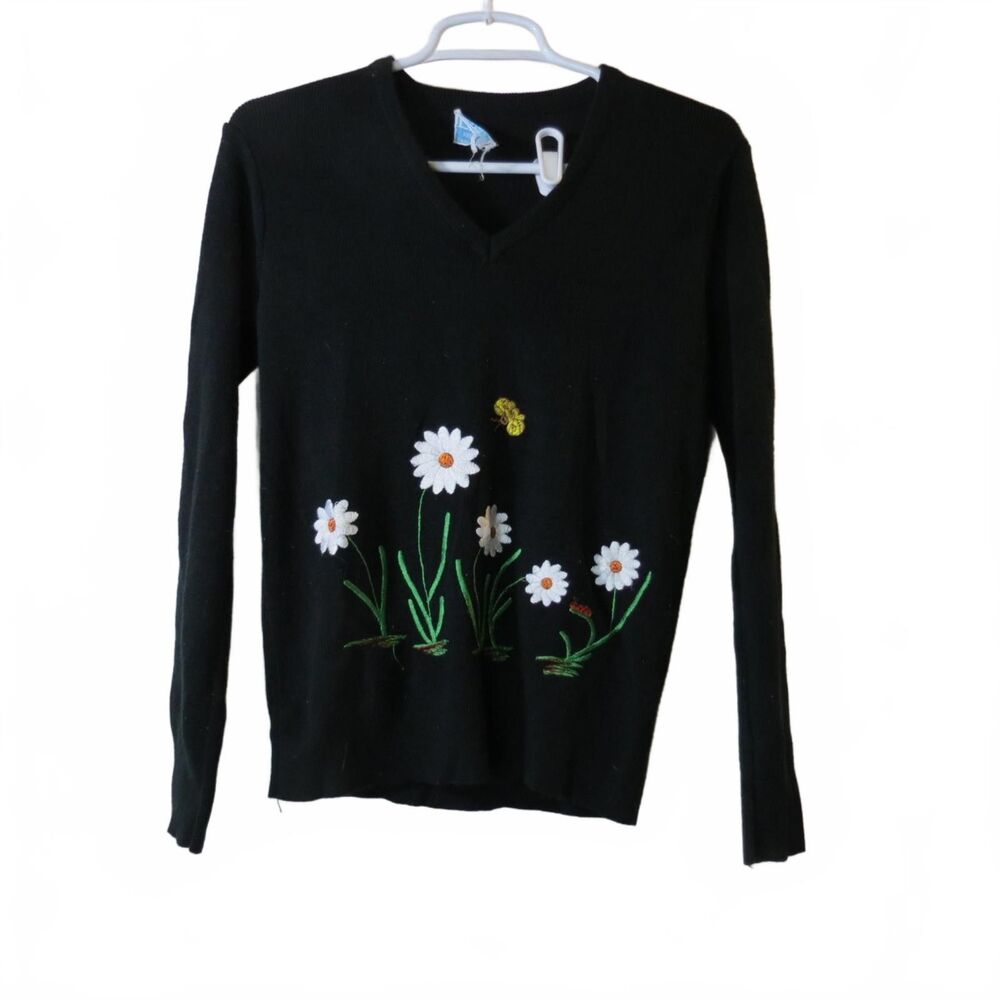 Womens Knit Floral Daisy Sweater Whimsical Twee Coquette Preppy Spring Sz Small